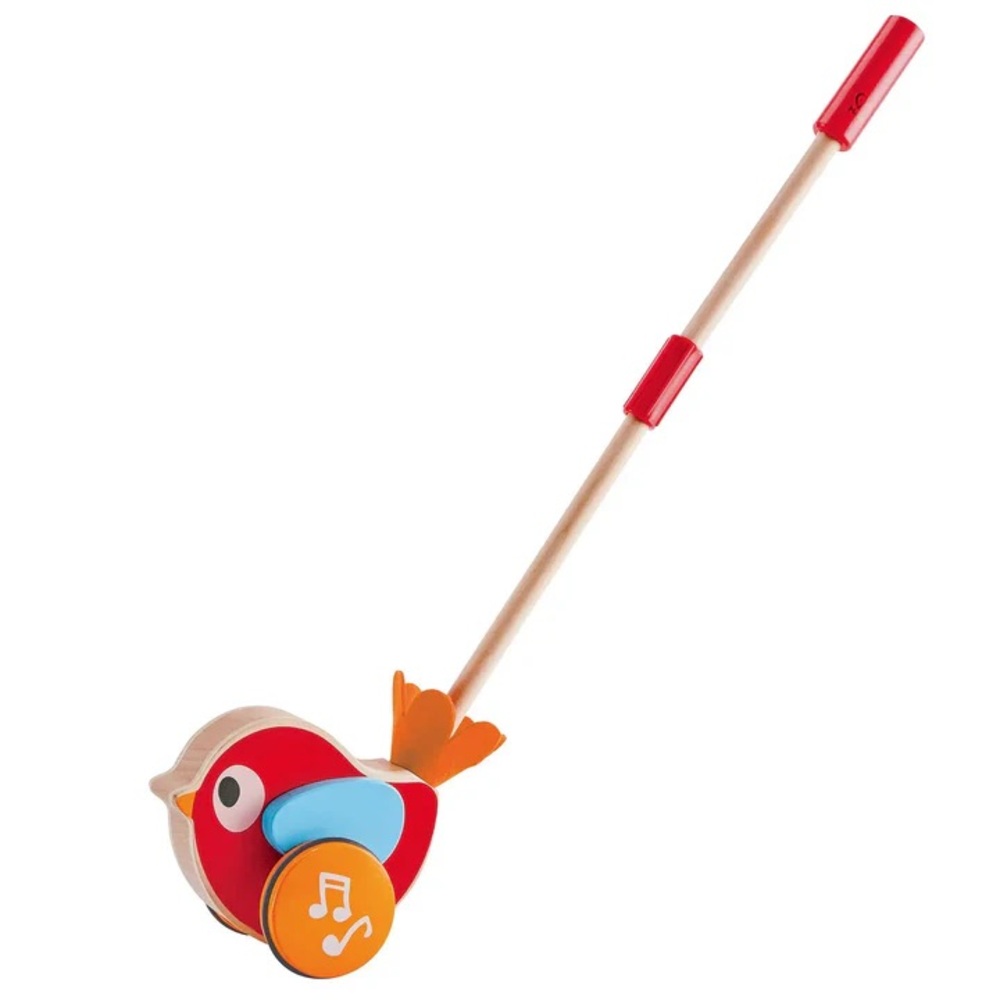 Musical Wooden Red Bird Push Toy with Orange Wheels by Hape toys